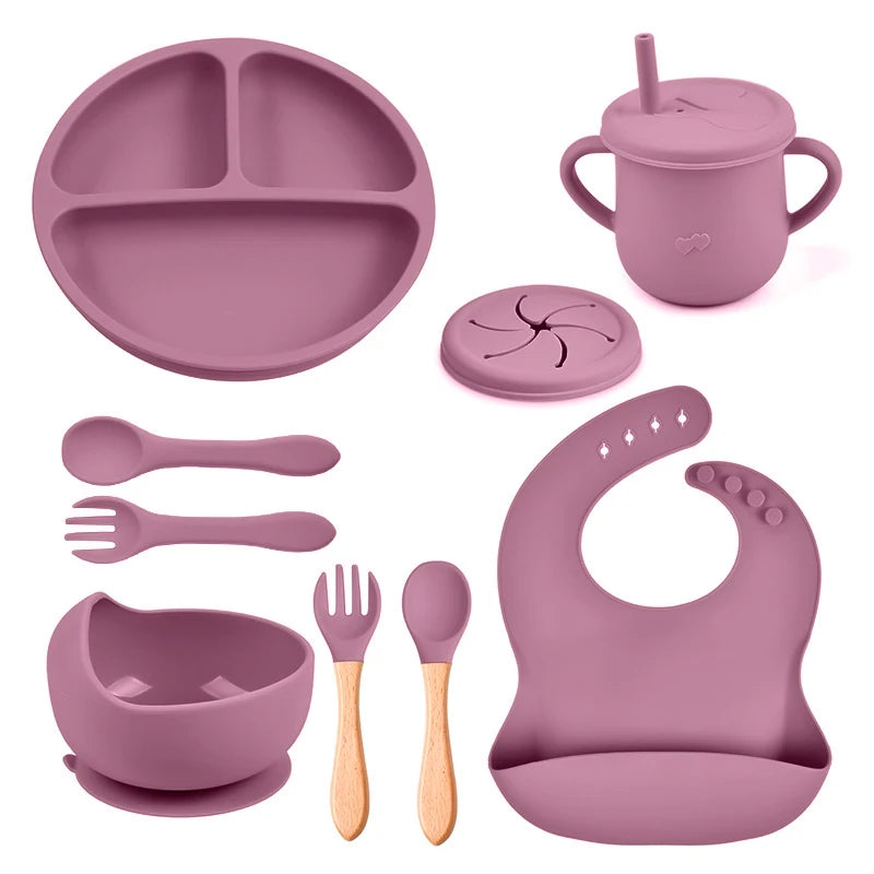 Mother Kids 8PCS Baby Silicone Feeding Set – Bib, Suction Plate, Anti-Slip Bowl, Spoon, Cup & Tableware for Infants & Toddlers