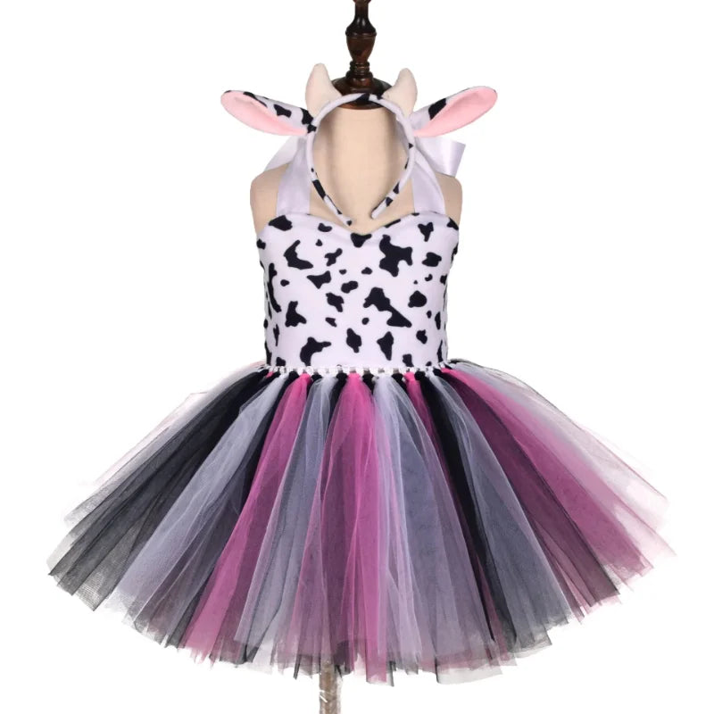 Baby Girls Halloween Animal Cosplay Costume | Kids Forest Theme Giraffe, Cow, Tiger, Leopard, Zebra Tutu Dress | Birthday & Party Outfit