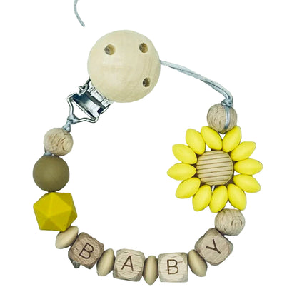 Custom Name Baby Pacifier Clip | Silicone Beads Flower Ring Teething Chain | Eco-Friendly Beech Wood Dummy Holder