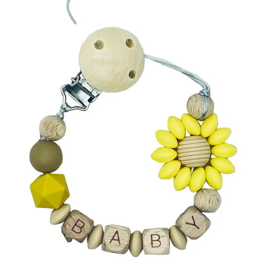 Custom Name Baby Pacifier Clip | Silicone Beads Flower Ring Teething Chain | Eco-Friendly Beech Wood Dummy Holder