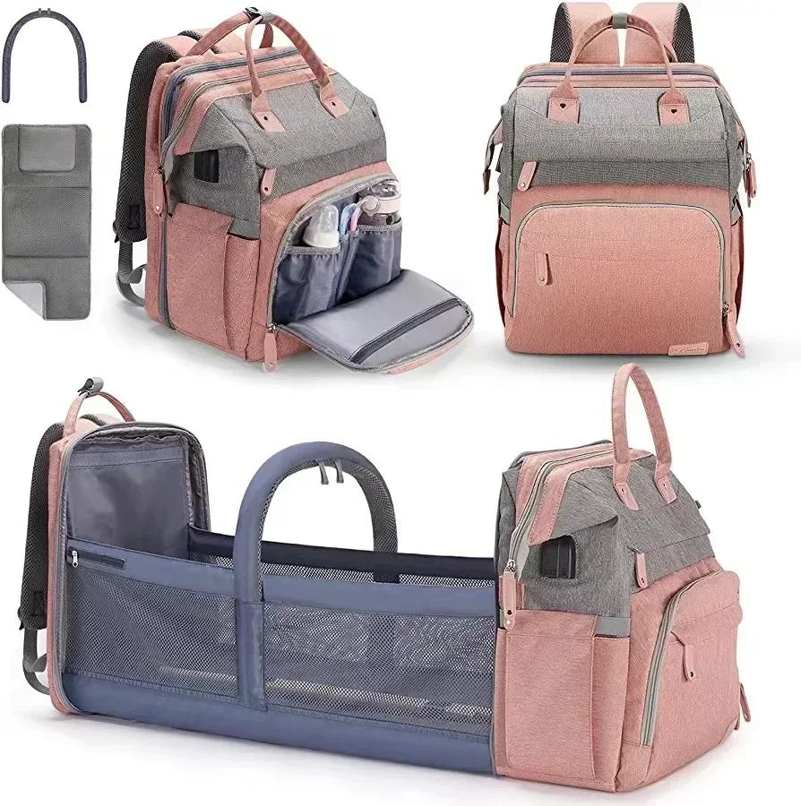 Portable Baby Diaper Bag with Changing Station – Travel Bassinet, Folding Crib, Shade Cloth & Waterproof Changing Pad