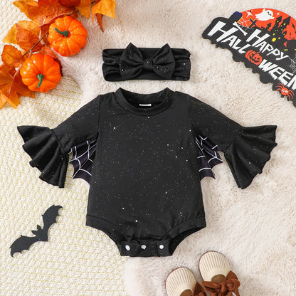 Newborn Baby Girl Halloween Outfit | Flared Sleeve Jumpsuit + Glitter Bodysuit + Bow Headband | Infant Costume Set