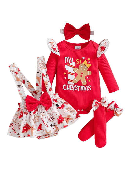 Baby Girl Christmas Outfit Set | Ruffled Long Sleeve Jumpsuit + Suspender Romper + Bow Socks + Headband | Cute Holiday Costume