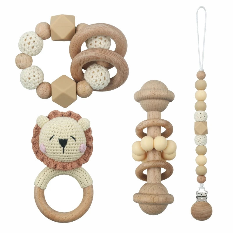 Handmade Crochet Baby Deer & Rabbit Stuffed Dolls with Wooden Teething Ring and Pacifier Chain Clips – Newborn Bunny Rattle Toy, 3 or 4 pcs Set