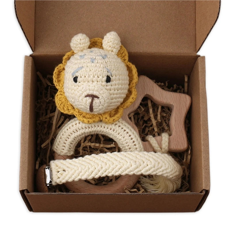 Crochet Bunny Baby Teether & Rattle Set | Beech Wooden Teething Ring + Pacifier Clip | Newborn Montessori Educational Toy
