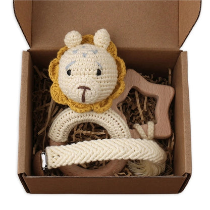 Crochet Bunny Baby Teether & Rattle Set | Beech Wooden Teething Ring + Pacifier Clip | Newborn Montessori Educational Toy
