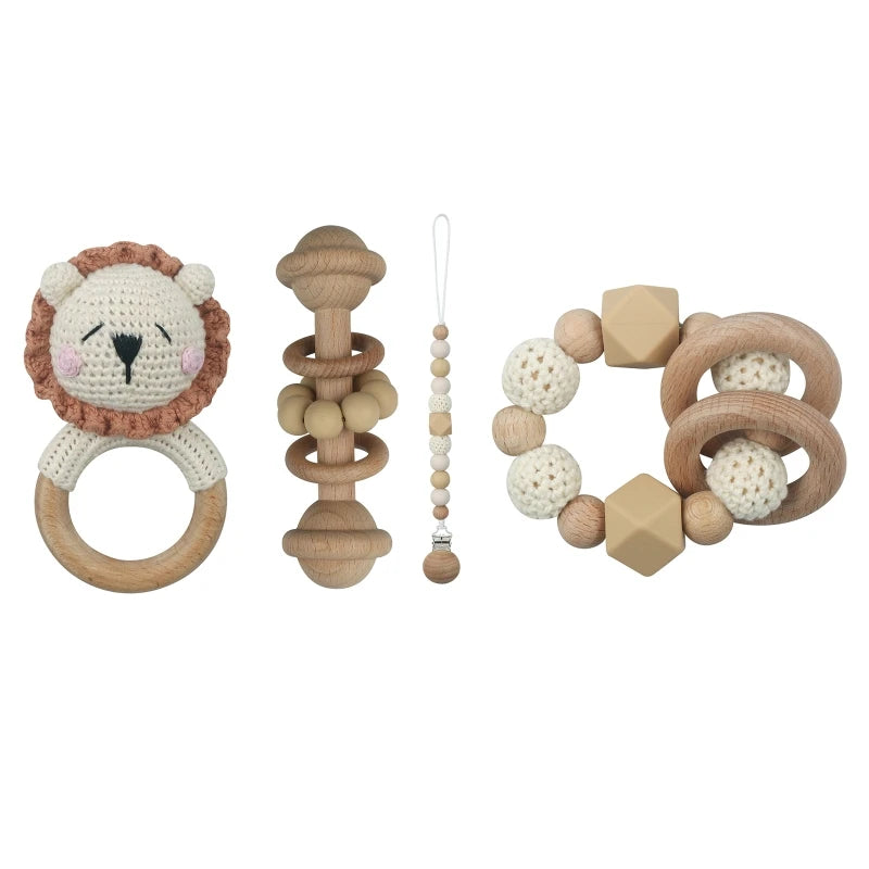 Handmade Crochet Baby Deer & Rabbit Stuffed Dolls with Wooden Teething Ring and Pacifier Chain Clips – Newborn Bunny Rattle Toy, 3 or 4 pcs Set