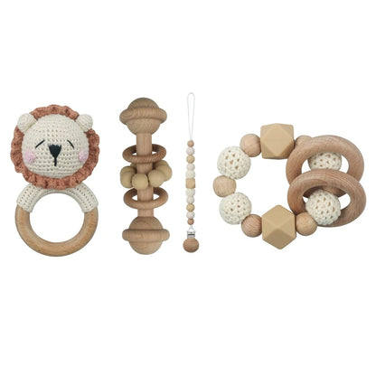 Handmade Crochet Baby Deer & Rabbit Stuffed Dolls with Wooden Teething Ring and Pacifier Chain Clips – Newborn Bunny Rattle Toy, 3 or 4 pcs Set