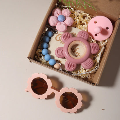 Baby Teether Gift Set – Flower Teething Toy with Pacifier Chain & Baby Sunglasses | Newborn Infant Teether Set for Boys & Girls