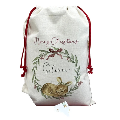 Personalised Baby’s 1st Christmas 2025 Santa Sack | Woodland Animal Fawn Deer Gift Bag