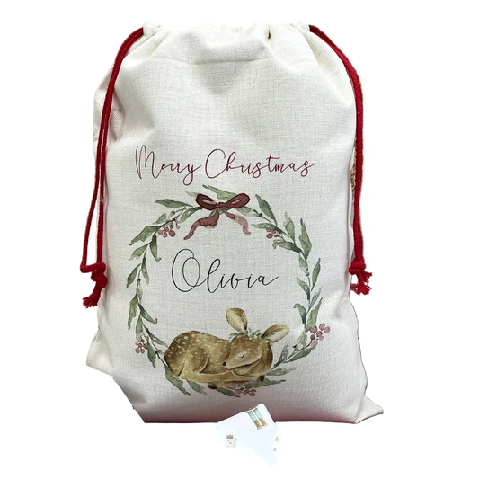 Personalised Baby’s 1st Christmas 2025 Santa Sack | Woodland Animal Fawn Deer Gift Bag