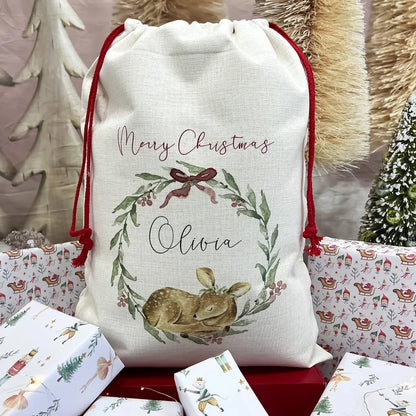 Personalised Baby’s 1st Christmas 2025 Santa Sack | Woodland Animal Fawn Deer Gift Bag