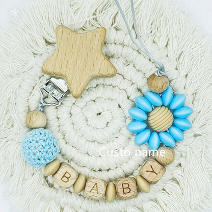 Custom Name Baby Pacifier Clip | Silicone Beads Flower Ring Teething Chain | Eco-Friendly Beech Wood Dummy Holder