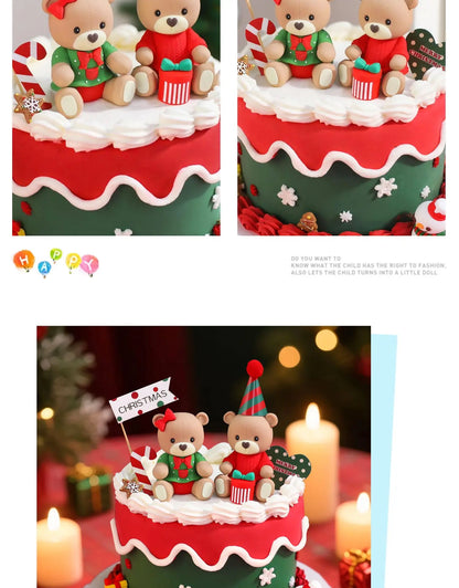 Christmas Cake Topper Set | Bear Doll Ornaments, Red Sweater & Green Shirt, Rainbow Arch & Gift Box | Holiday Party Cake Decorations