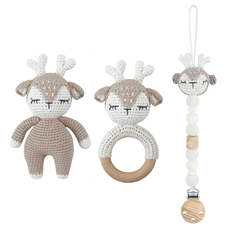 Handmade Crochet Baby Deer & Rabbit Stuffed Dolls with Wooden Teething Ring and Pacifier Chain Clips – Newborn Bunny Rattle Toy, 3 or 4 pcs Set