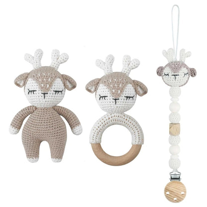 Handmade Crochet Baby Deer & Rabbit Stuffed Dolls with Wooden Teething Ring and Pacifier Chain Clips – Newborn Bunny Rattle Toy, 3 or 4 pcs Set
