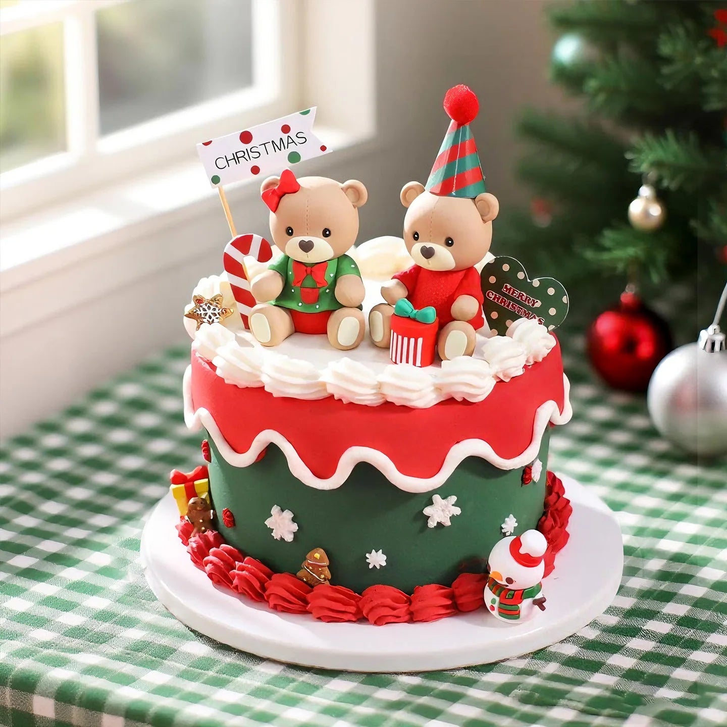 Christmas Cake Topper Set | Bear Doll Ornaments, Red Sweater & Green Shirt, Rainbow Arch & Gift Box | Holiday Party Cake Decorations