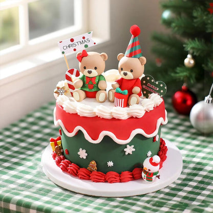 Christmas Cake Topper Set | Bear Doll Ornaments, Red Sweater & Green Shirt, Rainbow Arch & Gift Box | Holiday Party Cake Decorations