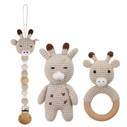 Handmade Crochet Baby Deer & Rabbit Stuffed Dolls with Wooden Teething Ring and Pacifier Chain Clips – Newborn Bunny Rattle Toy, 3 or 4 pcs Set
