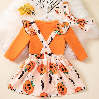 Pumpkin Baby Girl Halloween Outfit | Infant Long Sleeve Bodysuit + Suspender Skirt with Bow | My First Halloween Costume