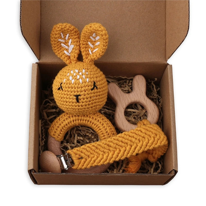 Crochet Bunny Baby Teether & Rattle Set | Beech Wooden Teething Ring + Pacifier Clip | Newborn Montessori Educational Toy