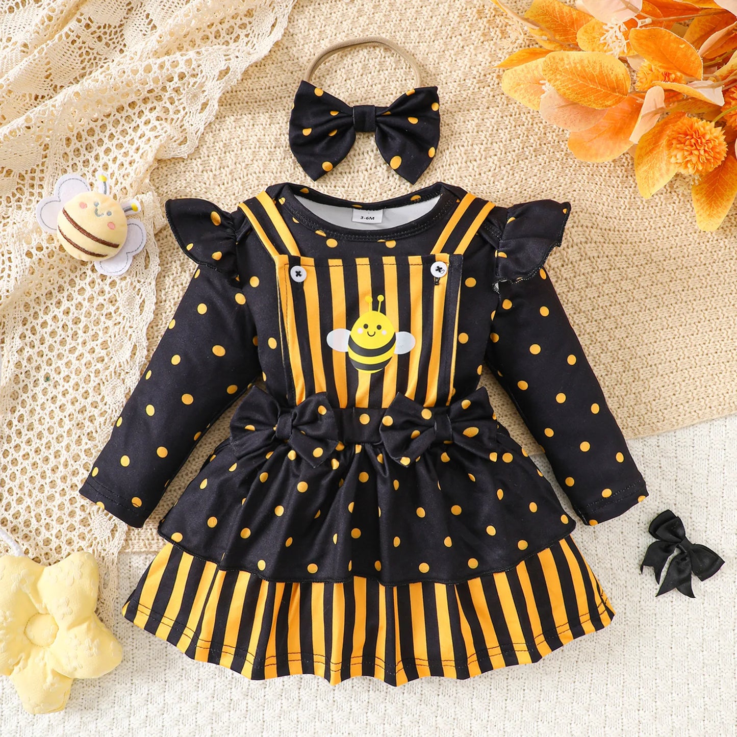 Baby Girl Bee Halloween Costume Set | Infant Romper + Tulle Suspender Dress | Newborn & Toddler Party Outfit