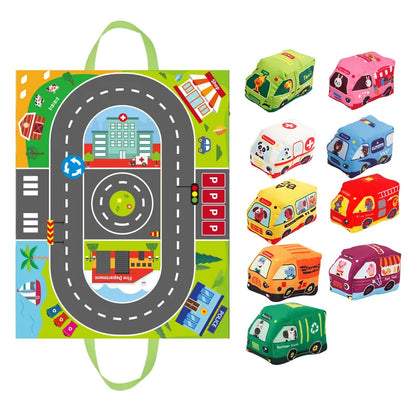 Baby Montessori Soft Car Toy with Map Game Mat & Cloth Book – Sensory Training & Educational Toy Storage Bag for Toddlers
