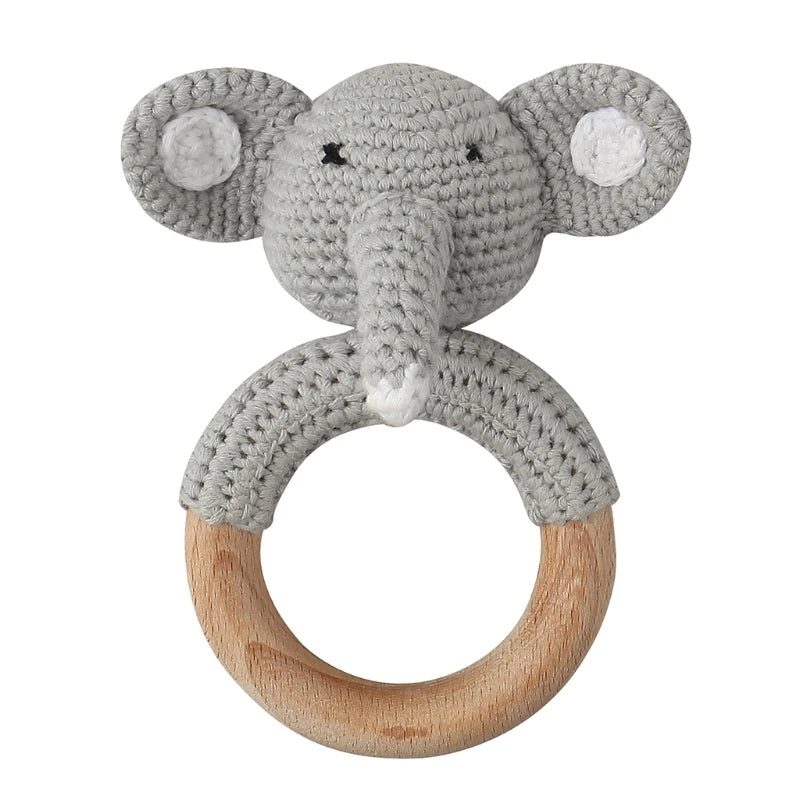 Crochet Bunny Baby Teether & Rattle Set | Beech Wooden Teething Ring + Pacifier Clip | Newborn Montessori Educational Toy