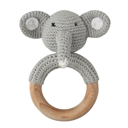 Crochet Bunny Baby Teether & Rattle Set | Beech Wooden Teething Ring + Pacifier Clip | Newborn Montessori Educational Toy