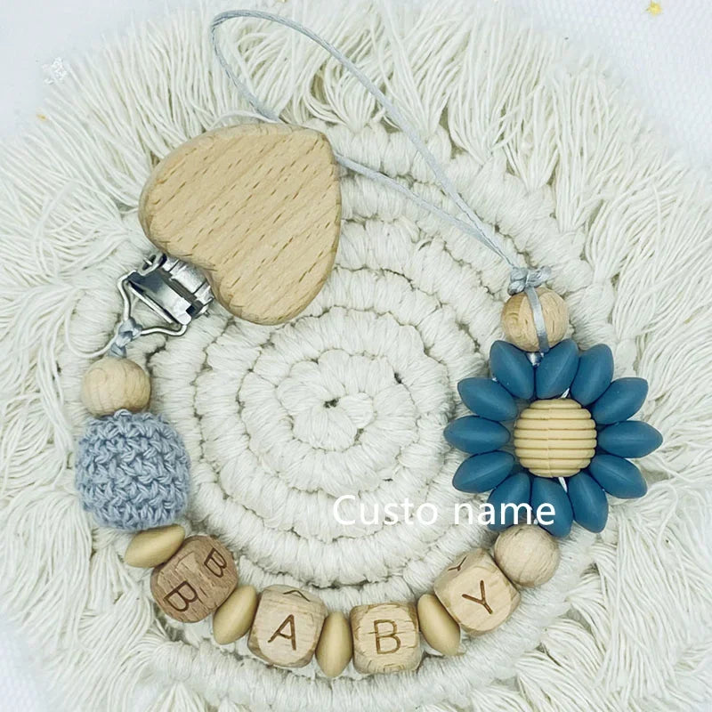 Custom Name Baby Pacifier Clip | Silicone Beads Flower Ring Teething Chain | Eco-Friendly Beech Wood Dummy Holder