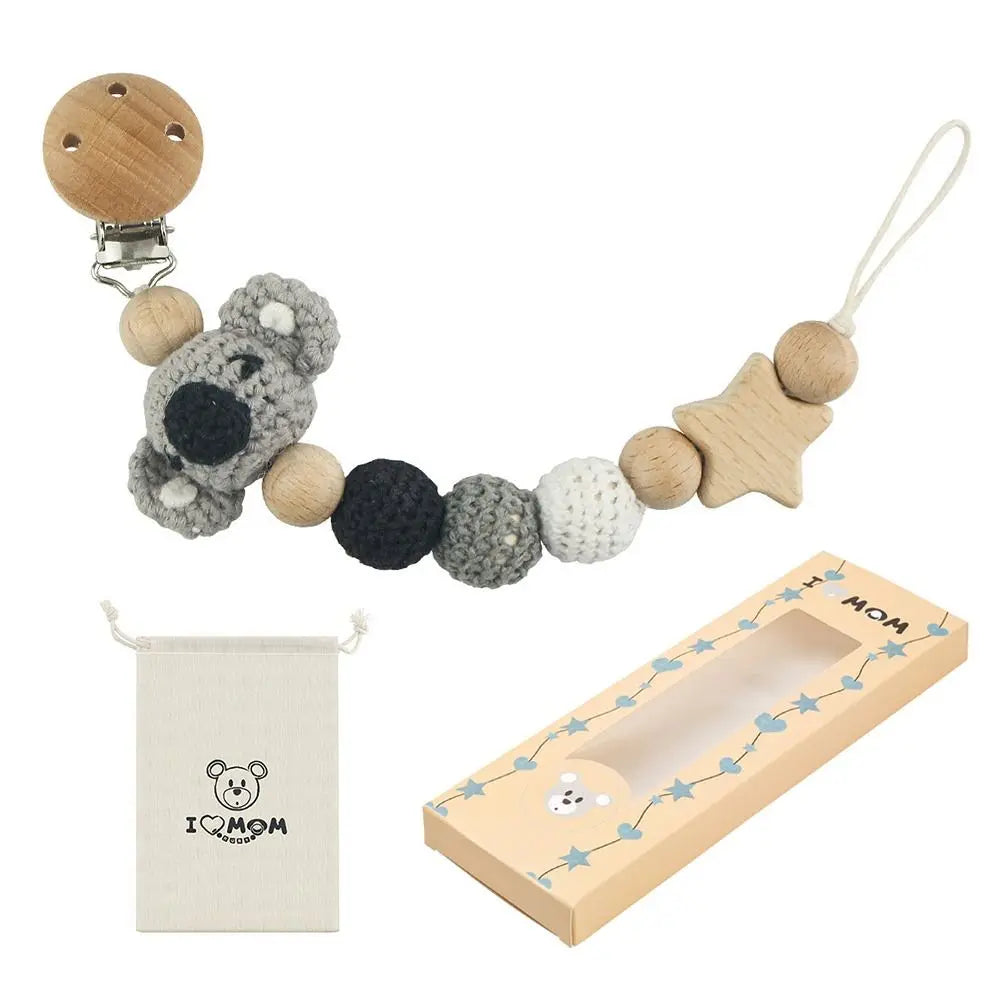 Baby Wooden Pacifier Clip | Crochet Cartoon Teething Soother Chain | BPA-Free Nursing Dummy Holder for Infants