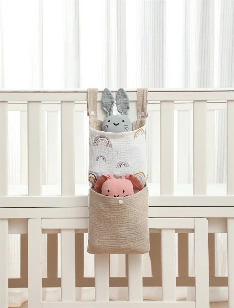 Baby Bed Hanging Storage Bag | Cotton Crib Organizer with Diaper & Toy Pockets | Newborn Bedding Accessories