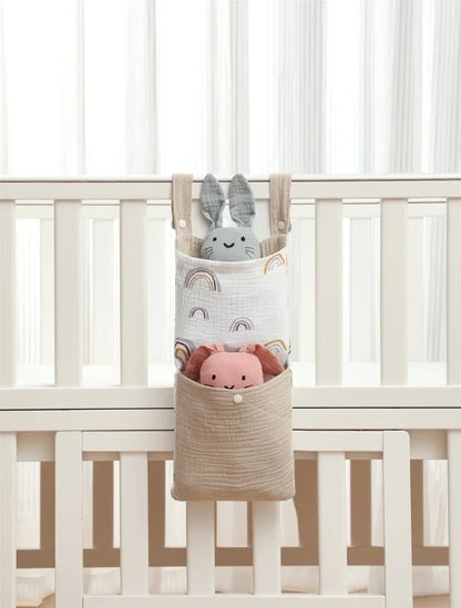 Baby Bed Hanging Storage Bag | Cotton Crib Organizer with Diaper & Toy Pockets | Newborn Bedding Accessories