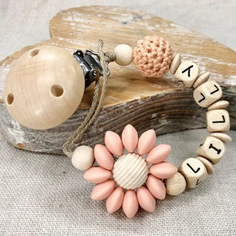 Custom Name Baby Pacifier Clip | Silicone Beads Flower Ring Teething Chain | Eco-Friendly Beech Wood Dummy Holder