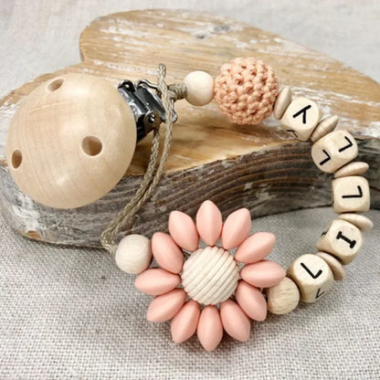 Custom Name Baby Pacifier Clip | Silicone Beads Flower Ring Teething Chain | Eco-Friendly Beech Wood Dummy Holder