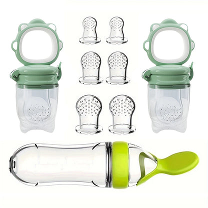 9pcs Baby Feeding Cutlery Set – Silicone Feeding Bottle with Spoon & Suction Cup, 2 Fruit Feeders & 6 Nipples (S/M/L) | Infant Weaning Essentials