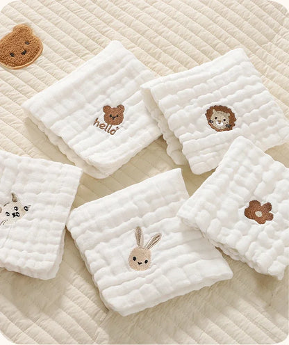 Baby Saliva Towels – 6 Layer Cotton Embroidered Washcloths | Soft Hand & Face Wipes, Burp Cloths, Bibs for Newborns & Toddlers