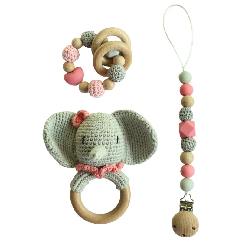 Handmade Crochet Baby Deer & Rabbit Stuffed Dolls with Wooden Teething Ring and Pacifier Chain Clips – Newborn Bunny Rattle Toy, 3 or 4 pcs Set
