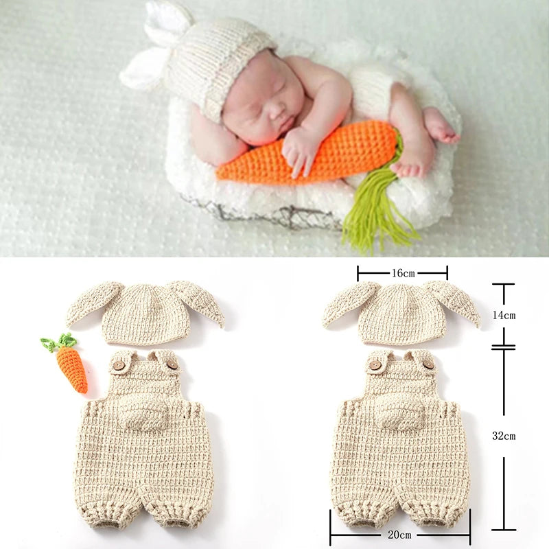 Baby Christmas Photography Outfit | Newborn Knitted Rabbit Hat, Overalls & Carrot Prop | Infant Photoshoot Costume Set