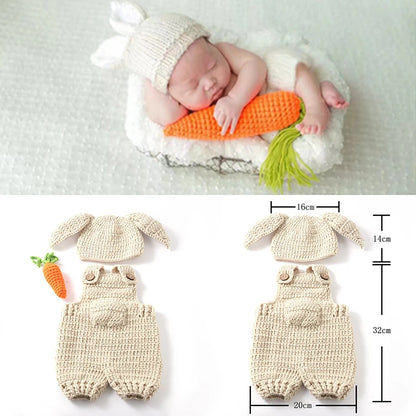 Baby Christmas Photography Outfit | Newborn Knitted Rabbit Hat, Overalls & Carrot Prop | Infant Photoshoot Costume Set
