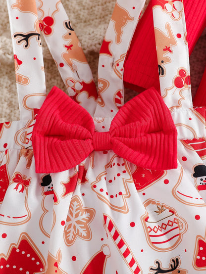 Baby Girl Christmas Outfit Set | Ruffled Long Sleeve Jumpsuit + Suspender Romper + Bow Socks + Headband | Cute Holiday Costume