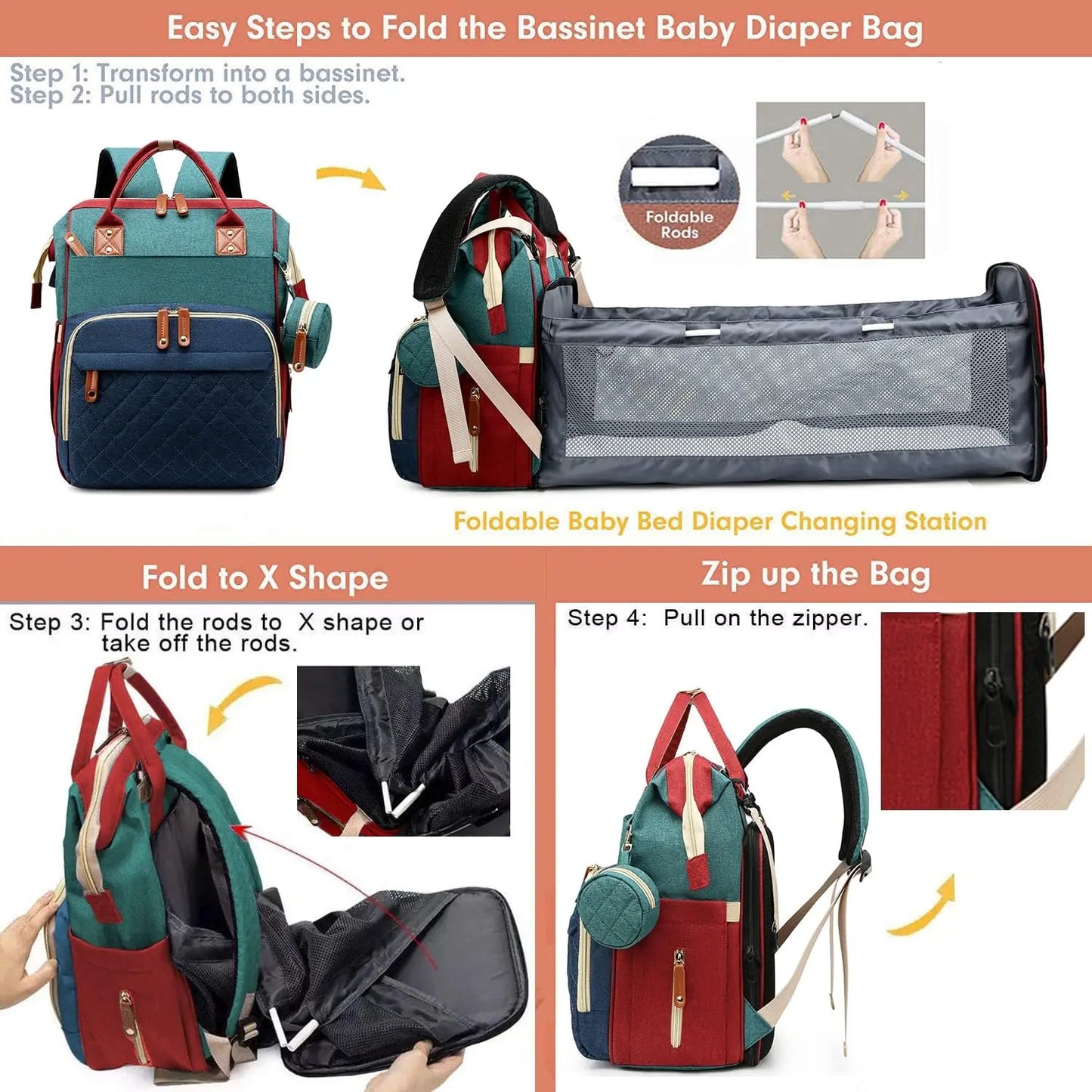 3-in-1 Baby Diaper Bag Backpack with Changing Station – Foldable Changing Pad & Large Travel Backpack for Boys & Girls