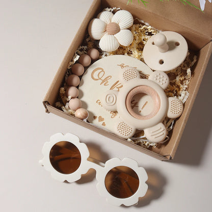 Baby Teether Gift Set – Flower Teething Toy with Pacifier Chain & Baby Sunglasses | Newborn Infant Teether Set for Boys & Girls