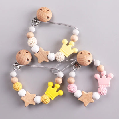 Baby Pacifier Chain Clip | Wooden Pentagram Teether with Silicone Round Beads | Safe Teething Chain & Soother Holder