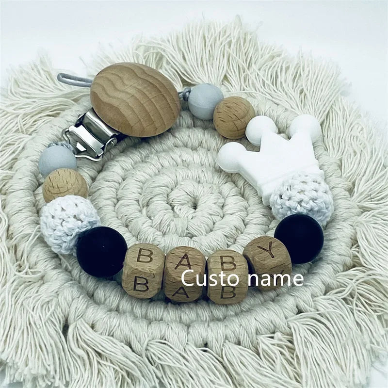Custom Name Baby Pacifier Clip | Silicone Beads Flower Ring Teething Chain | Eco-Friendly Beech Wood Dummy Holder