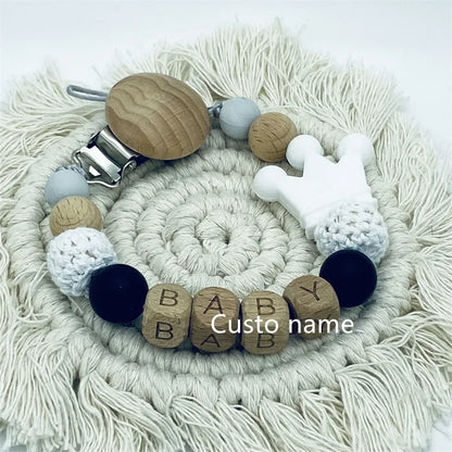 Custom Name Baby Pacifier Clip | Silicone Beads Flower Ring Teething Chain | Eco-Friendly Beech Wood Dummy Holder