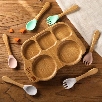 Baby Silicone Sucker Plate Spoon Fork Sets Children Feeding Tableware Set BPA Free Wooden Food Grade Dinner Plate Baby Stuff