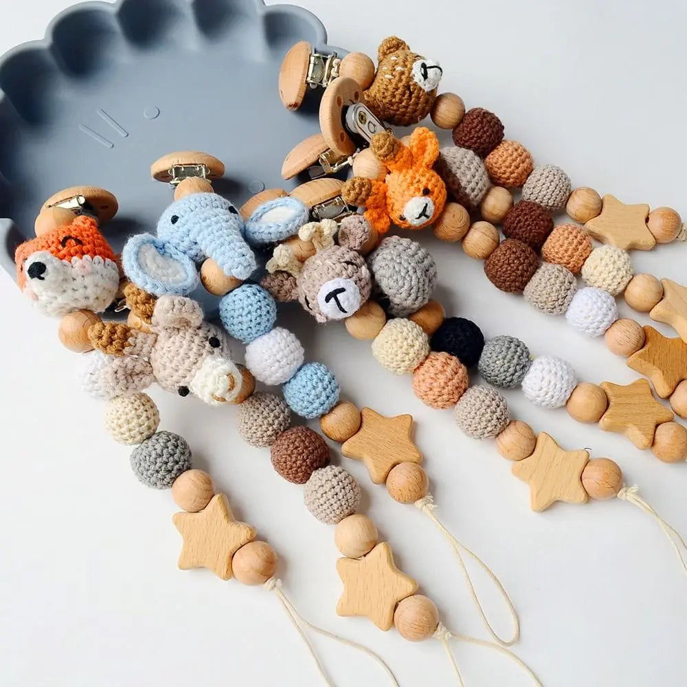 Baby Wooden Pacifier Clip | Crochet Cartoon Teething Soother Chain | BPA-Free Nursing Dummy Holder for Infants