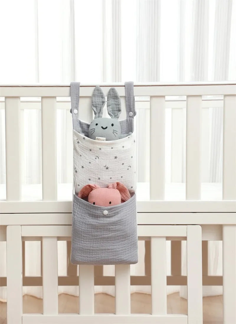 Baby Bed Hanging Storage Bag | Cotton Crib Organizer with Diaper & Toy Pockets | Newborn Bedding Accessories