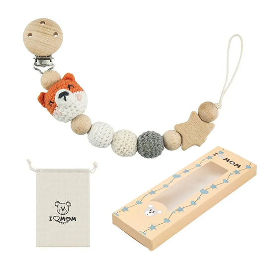 Baby Wooden Pacifier Clip | Crochet Cartoon Teething Soother Chain | BPA-Free Nursing Dummy Holder for Infants